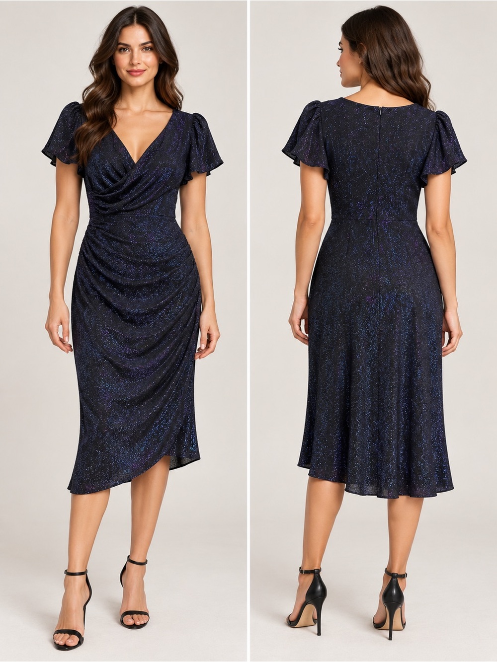 Navy Glitter Draped Midi Dress